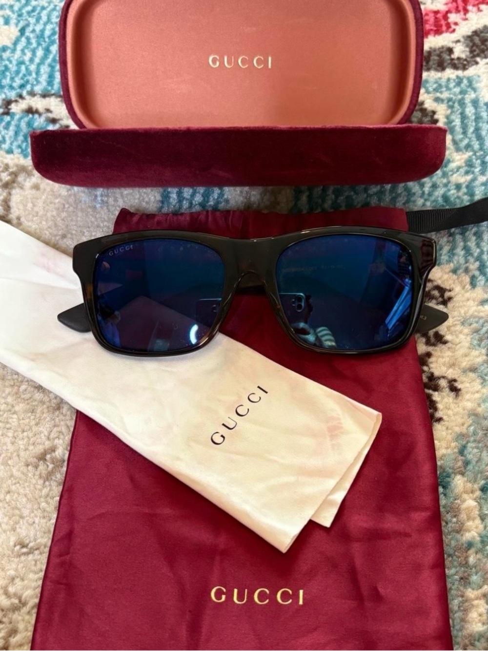 Gucci Black Frame Sunglasses with Blue Lenses and Burgundy Case
